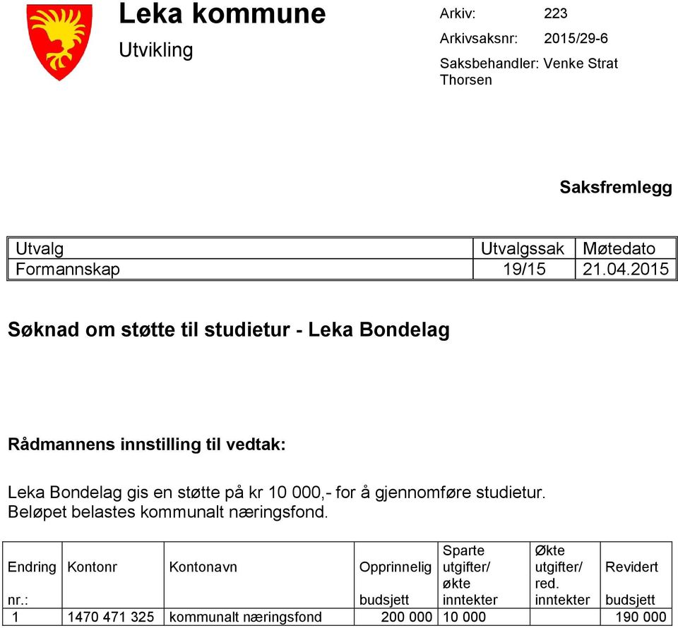 2015 Søknad om støtte til studietur - Leka Bondelag Rådmannens innstilling til vedtak: Leka Bondelag gis en støtte på kr 10 000,- for å