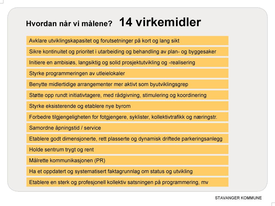 solid prosjektutvikling og -realisering Styrke programmeringen av utleielokaler Benytte midlertidige arrangementer mer aktivt som byutviklingsgrep Støtte opp rundt initiativtagere, med rådgivning,