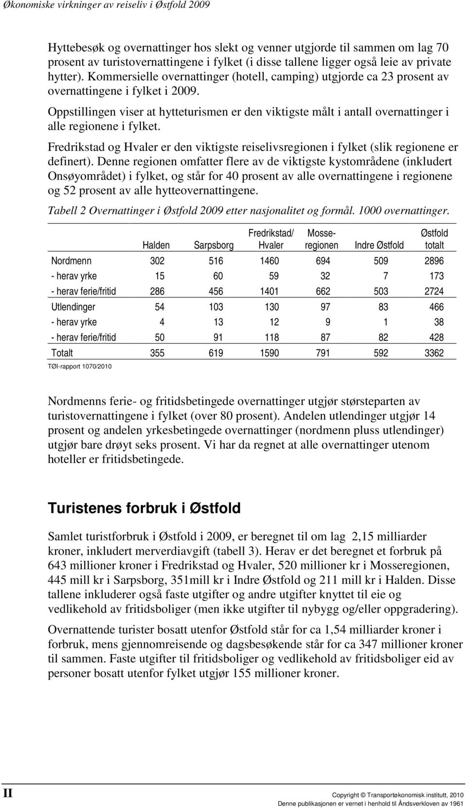 Oppstillingen viser at hytteturismen er den viktigste målt i antall overnattinger i alle regionene i fylket. Fredrikstad og er den viktigste reiselivsregionen i fylket (slik regionene er definert).