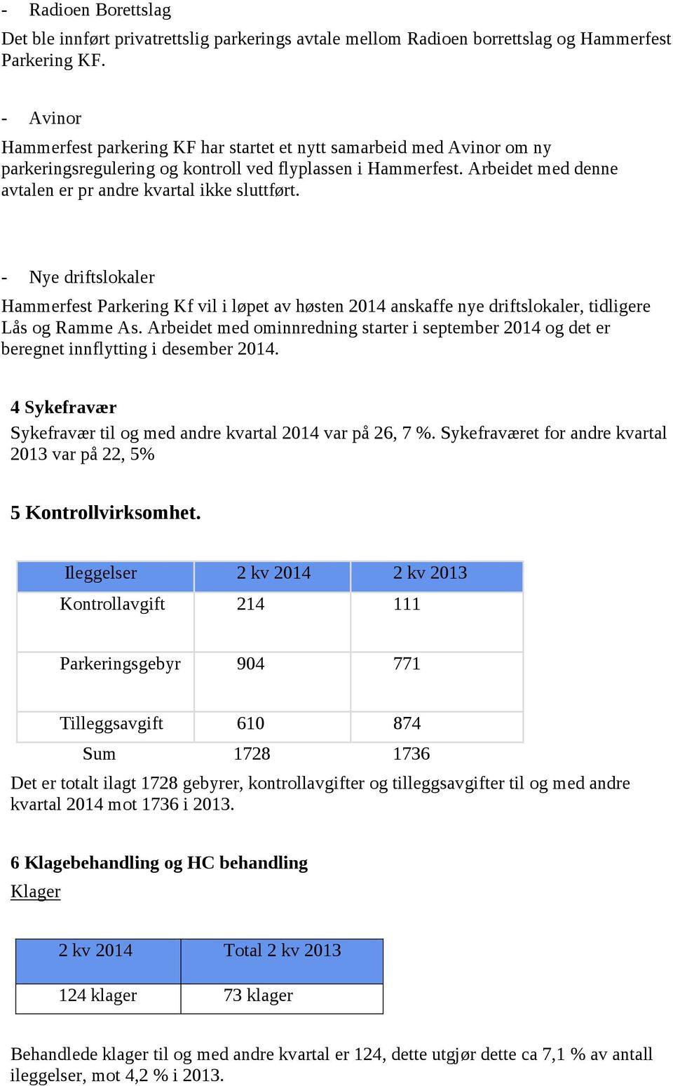 Arbeidet med denne avtalen er pr andre kvartal ikke sluttført. - Nye driftslokaler Hammerfest Parkering Kf vil i løpet av høsten 2014 anskaffe nye driftslokaler, tidligere Lås og Ramme As.