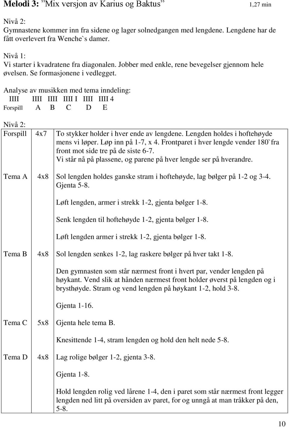 Analyse av musikken med tema inndeling: IIII IIII IIII IIII I IIII IIII 4 Forspill A B C D E Nivå 2: Forspill Tema A Tema B Tema C Tema D 4x7 5x8 To stykker holder i hver ende av lengdene.