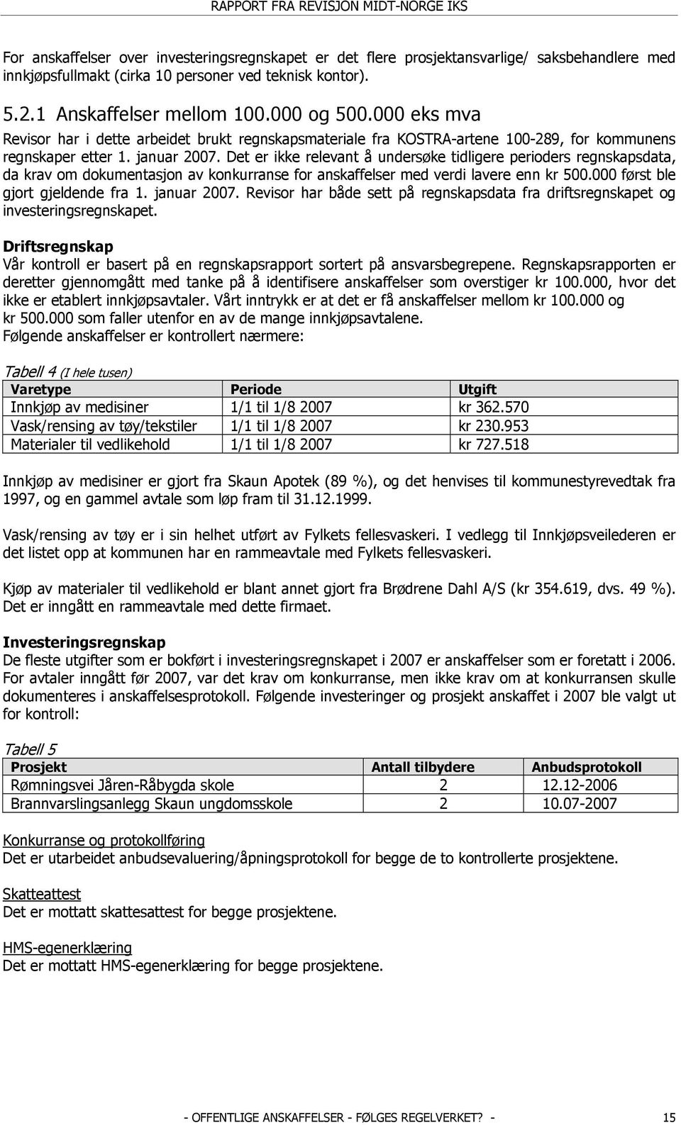 Det er ikke relevant å undersøke tidligere perioders regnskapsdata, da krav om dokumentasjon av konkurranse for anskaffelser med verdi lavere enn kr 500.000 først ble gjort gjeldende fra 1.