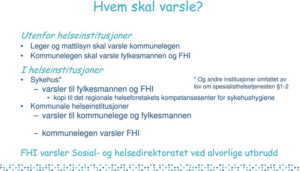 helseinstitusjoner Sykehus* varsler til fylkesmannen og FHI kopi til det regionale helseforetakets kompetansesenter for