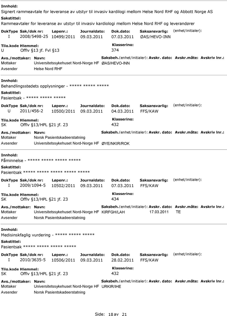 : Mottaker niversitetssykehuset Nord-Norge HF ØAS/HEVO-NN Helse Nord RHF Behandlingsstedets opplysninger - ***** ***** ***** asientsak - ***** ***** ***** 2011/456-2 10500/2011 04.03.2011 Avs.