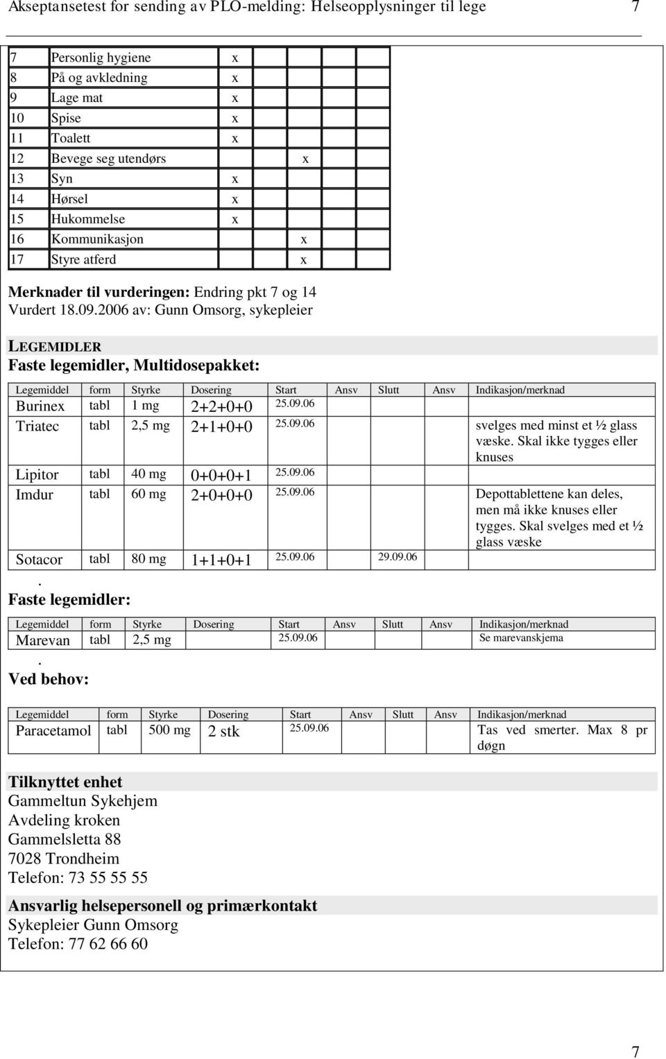 2006 av: Gunn Omsorg, sykepleier LEGEMIDLER Faste legemidler, Multidosepakket: Legemiddel form Styrke Dosering Start Ansv Slutt Ansv Indikasjon/merknad Burinex tabl 1 mg 2+2+0+0 25.09.