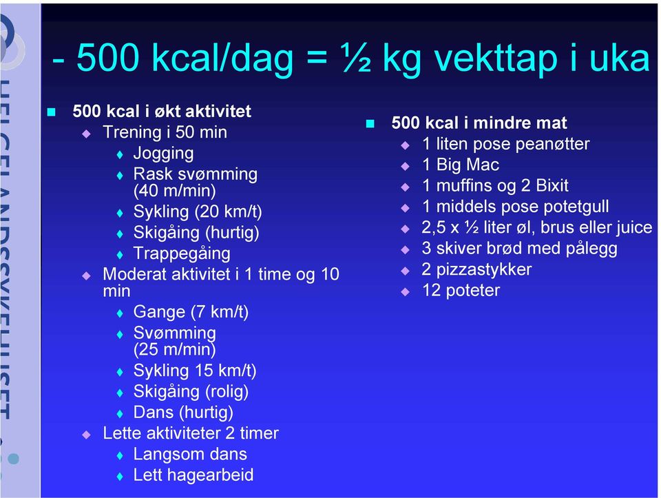 (rolig) Dans (hurtig) Lette aktiviteter 2 timer Langsom dans Lett hagearbeid 500 kcal i mindre mat 1 liten pose peanøtter 1 Big