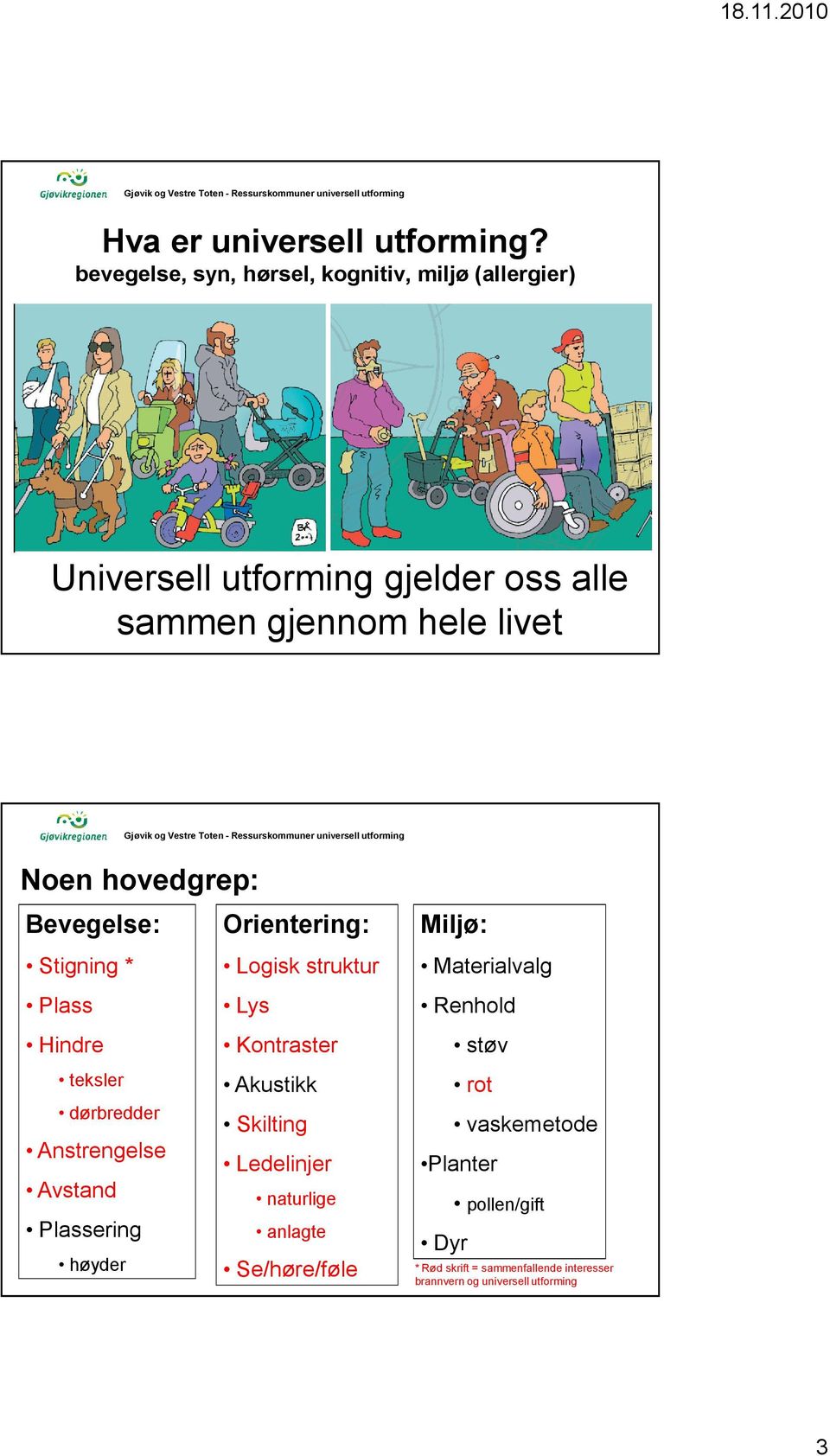 hovedgrep: Bevegelse: Orientering: Stigning * Logisk struktur Plass Lys Hindre Kontraster teksler dørbredder Anstrengelse