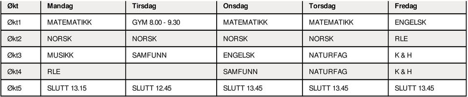 Økt3 MUSIKK SAMFUNN ENGELSK NATURFAG K & H Økt4 RLE SAMFUNN NATURFAG