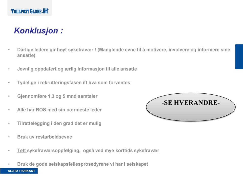 ansatte Tydelige i rekrutteringsfasen ift hva som forventes Gjennomføre 1,3 og 5 mnd samtaler Alle har ROS med sin nærmeste