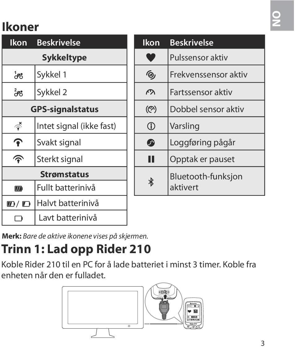 Fartssensor aktiv Dobbel sensor aktiv Varsling Loggføring pågår Opptak er pauset Bluetooth-funksjon aktivert Merk: Bare de aktive ikonene