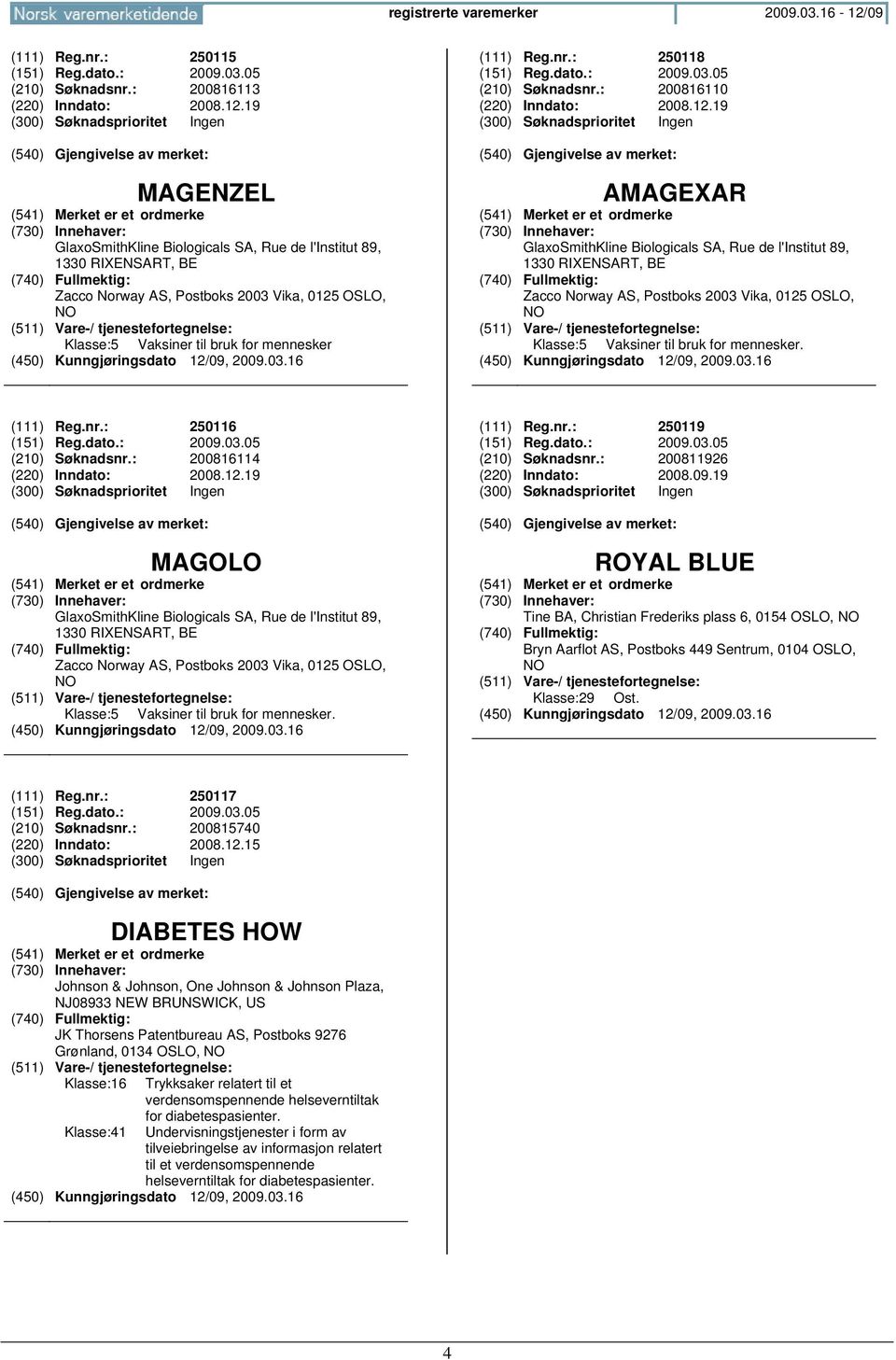 19 MAGENZEL GlaxoSmithKline Biologicals SA, Rue de l'institut 89, 1330 RIXENSART, BE Zacco Norway AS, Postboks 2003 Vika, 0125 OSLO, Klasse:5 Vaksiner til bruk for mennesker (111) Reg.nr.