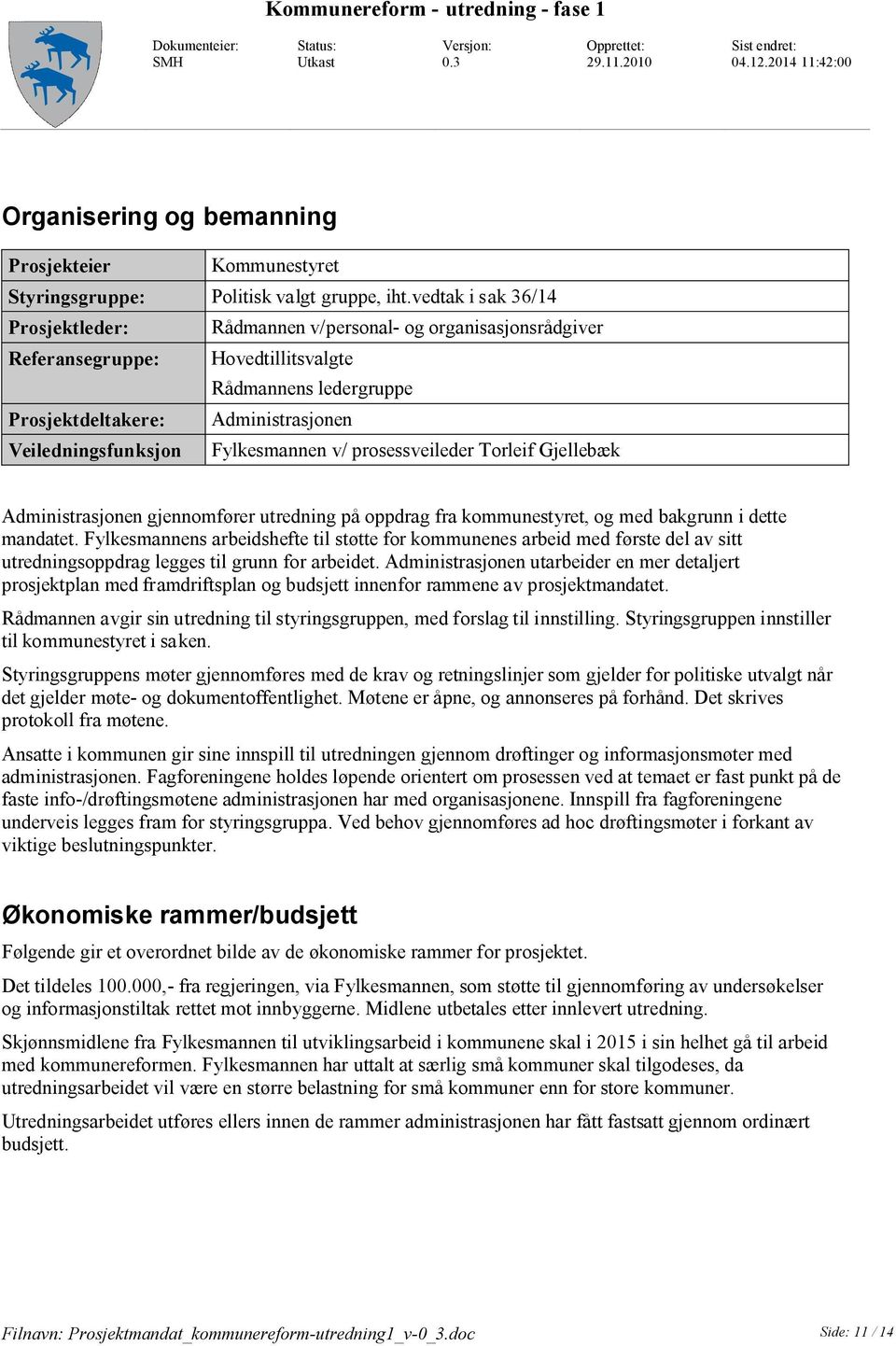 vedtak i sak 36/14 Prosjektleder: Rådmannen v/personal- og organisasjonsrådgiver Referansegruppe: Hovedtillitsvalgte Rådmannens ledergruppe Prosjektdeltakere: Administrasjonen Veiledningsfunksjon