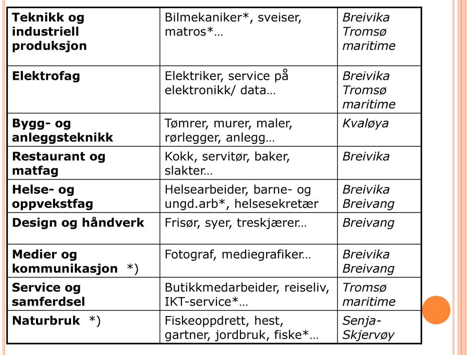 arb*, helsesekretær Breivika Tromsø maritime Kvaløya Breivika Breivika Breivang Design og håndverk Frisør, syer, treskjærer Breivang Medier og kommunikasjon *)