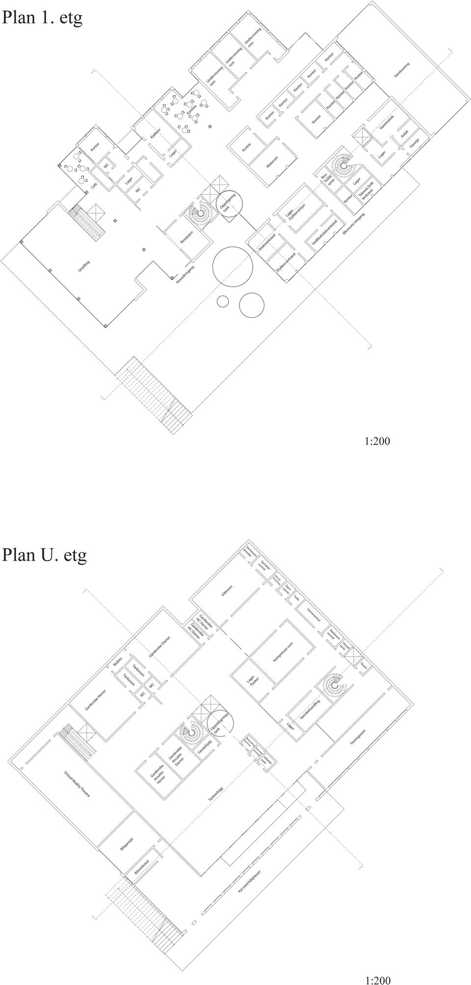 Garasje Utstilling Cafè Hovedinngang Resepsjon Oppstigning tank Draktverksted Dykkerverksted Dykkerutstyrr!! Renholds sentr. Kontor Vedlikeholdsverksted Teknisk Drift Verksted Økonomi-inngang Plan U.