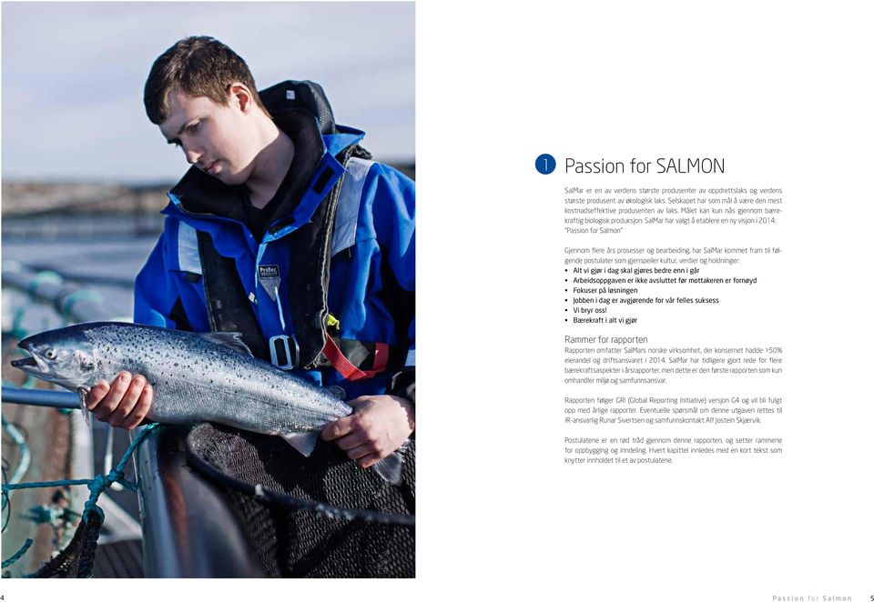 SalMar har valgt å etablere en ny visjon i 2014: Passion for Salmon Gjennom flere års prosesser og bearbeiding, har SalMar kommet fram til følgende postulater som gjenspeiler kultur, verdier og