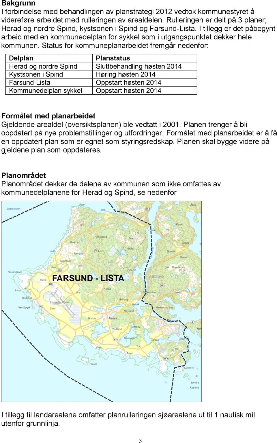 Status fr kmmuneplanarbeidet fremgår nedenfr: Delplan Planstatus Herad g nrdre Spind Sluttbehandling høsten 2014 Kystsnen i Spind Høring høsten 2014 Farsund-Lista Oppstart høsten 2014 Kmmunedelplan