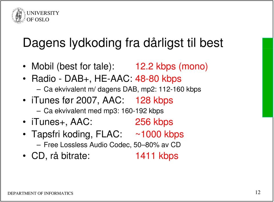 itunes før 2007, AAC: 128 kbps Ca ekvivalent med mp3: 160-192 kbps itunes+, AAC: Tapsfri