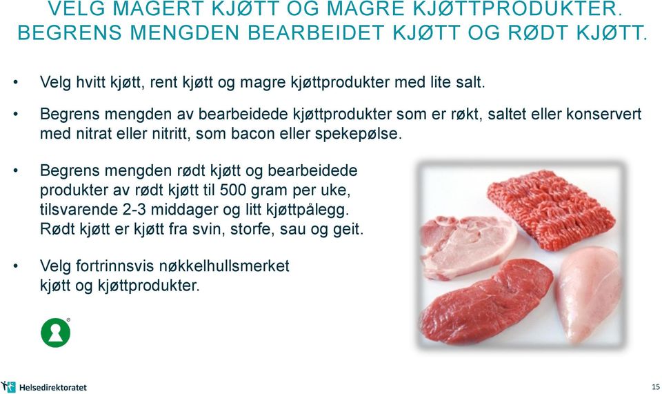 Begrens mengden av bearbeidede kjøttprodukter som er røkt, saltet eller konservert med nitrat eller nitritt, som bacon eller spekepølse.