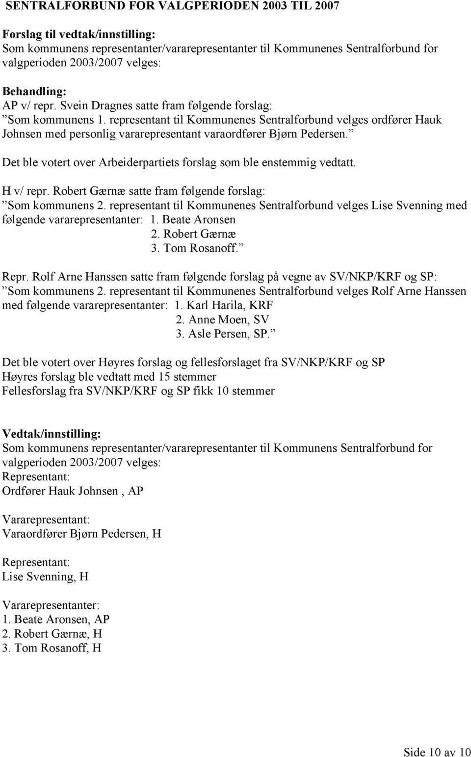 Det ble votert over Arbeiderpartiets forslag som ble enstemmig vedtatt. H v/ repr. Robert Gærnæ satte fram følgende forslag: Som kommunens 2.
