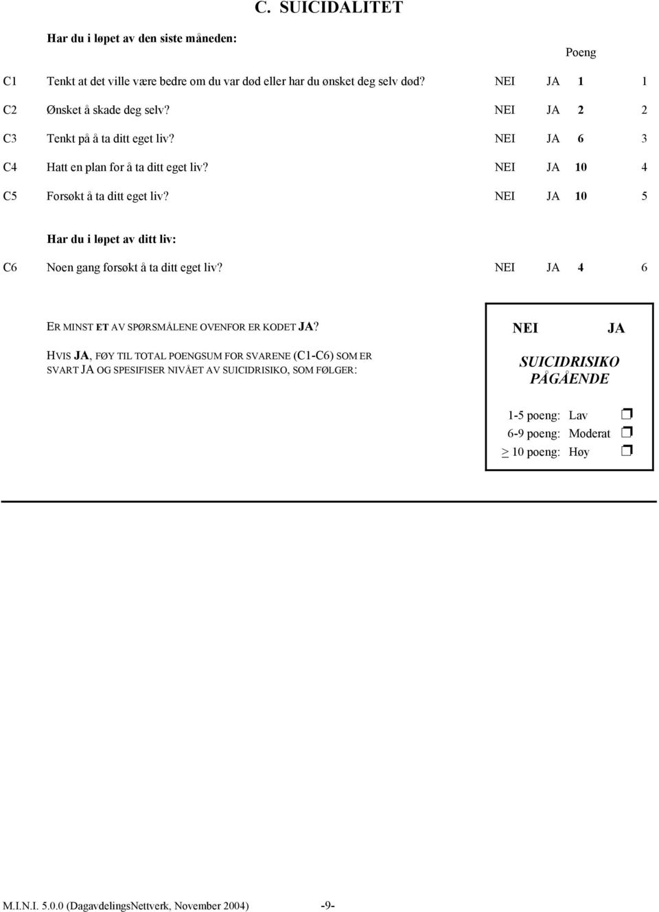 10 5 Har du i løpet av ditt liv: C6 Noen gang forsøkt å ta ditt eget liv? 4 6 ER MINST ET AV SPØRSMÅLENE OVENFOR ER KODET?