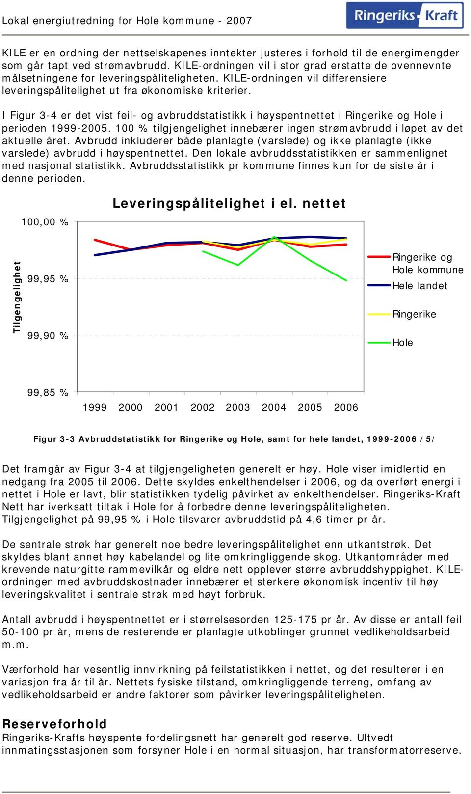 I Figur 3-4 er det vist feil- og avbruddstatistikk i høyspentnettet i Ringerike og Hole i perioden 1999-2005. 100 % tilgjengelighet innebærer ingen strømavbrudd i løpet av det aktuelle året.