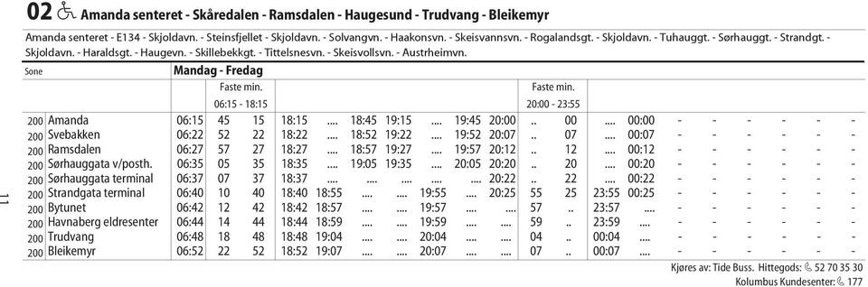 Faste min. 06:15-18:15 20:00-23:55 200 Amanda 06:15 45 15 18:15... 18:45 19:15... 19:45 20:00.. 00... 00:00 - - - - - - 200 Svebakken 06:22 52 22 18:22... 18:52 19:22... 19:52 20:07.. 07.