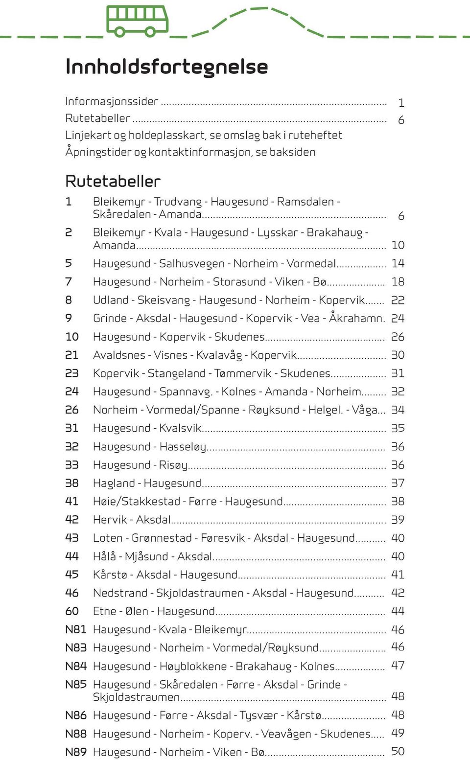 .. 6 2 Bleikemyr - Kvala - Haugesund - Lysskar - Brakahaug - Amanda... 10 5 Haugesund - Salhusvegen - Norheim - Vormedal... 14 7 8 9 10 Haugesund - Norheim - Storasund - Viken - Bø.