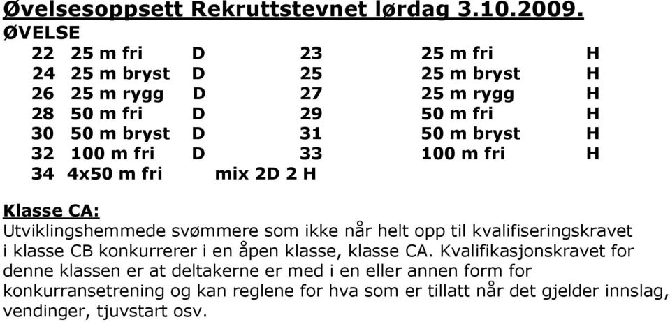 bryst H 32 100 m fri D 33 100 m fri H 34 4x50 m fri mix 2D 2 H Klasse CA: Utviklingshemmede svømmere som ikke når helt opp til kvalifiseringskravet