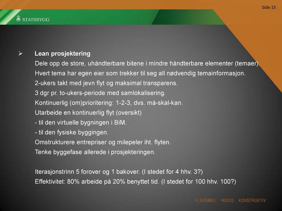 to-ukers-periode med samlokalisering. Kontinuerlig (om)prioritering: 1-2-3, dvs. må-skal-kan.