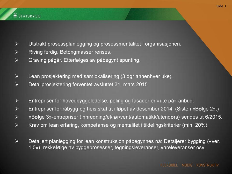 Entrepriser for råbygg og heis skal ut i løpet av desember 2014. (Siste i «Bølge 2».) «Bølge 3»-entrepriser (innredning/el/rør/vent/automatikk/utendørs) sendes ut 6/2015.