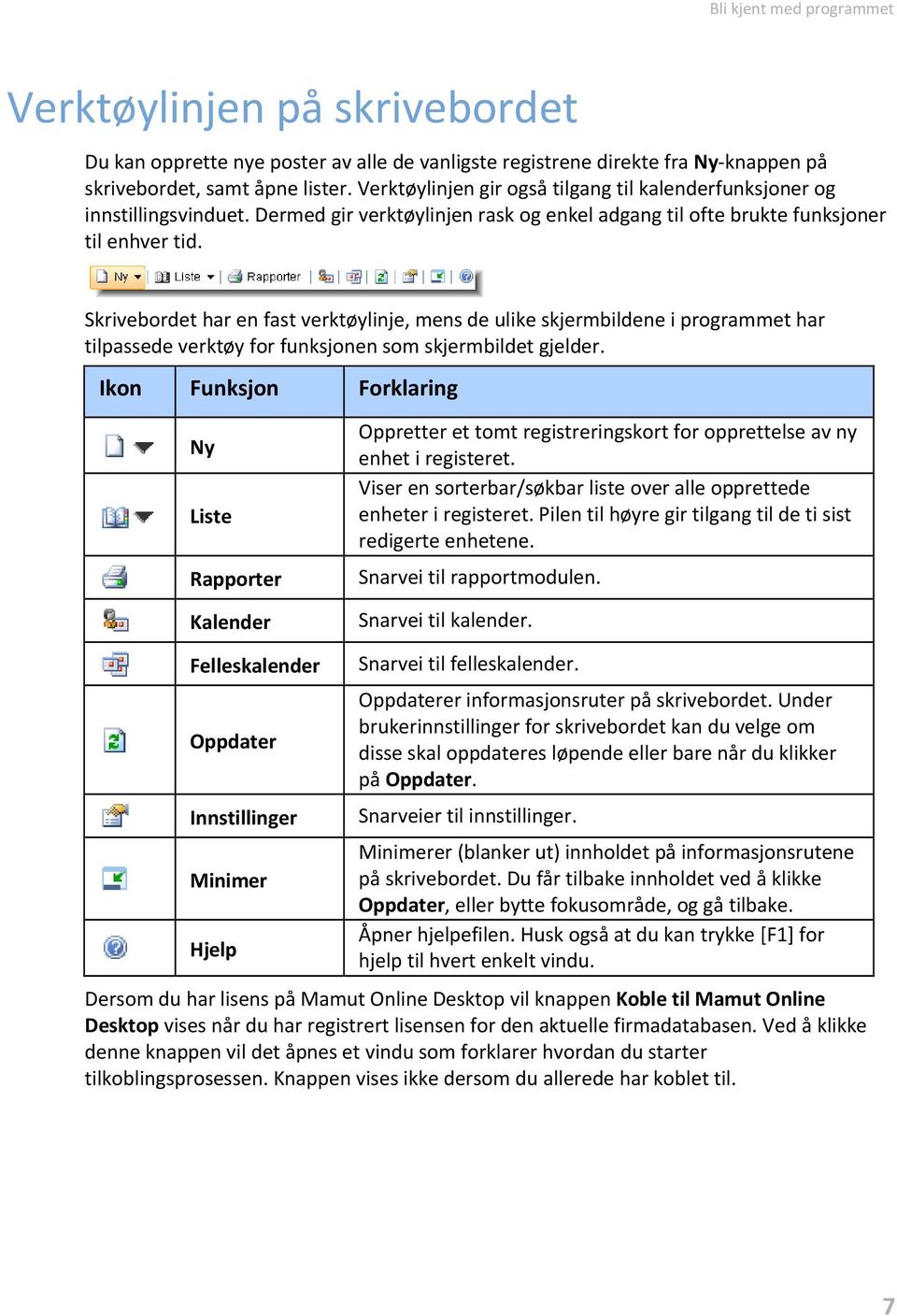 Skrivebordet har en fast verktøylinje, mens de ulike skjermbildene i programmet har tilpassede verktøy for funksjonen som skjermbildet gjelder.