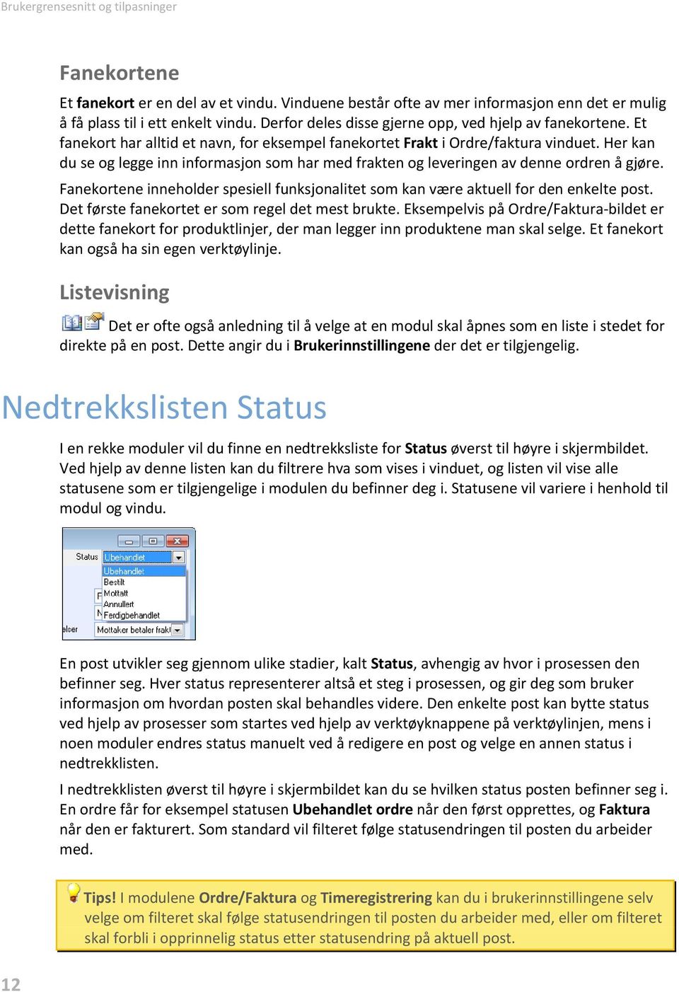 Her kan du se og legge inn informasjon som har med frakten og leveringen av denne ordren å gjøre. Fanekortene inneholder spesiell funksjonalitet som kan være aktuell for den enkelte post.