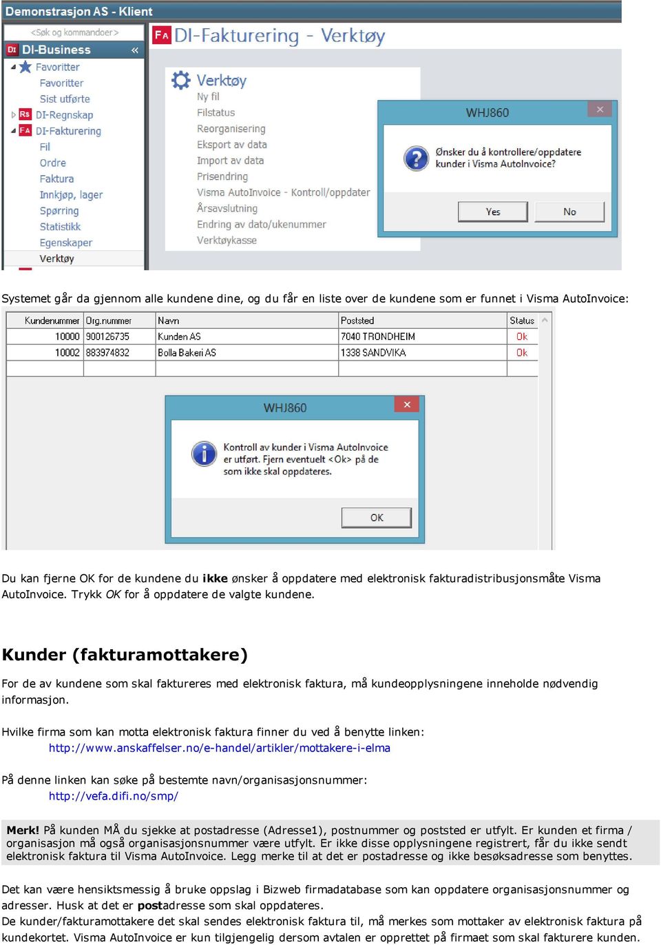 Kunder (fakturamottakere) For de av kundene som skal faktureres med elektronisk faktura, må kundeopplysningene inneholde nødvendig informasjon.