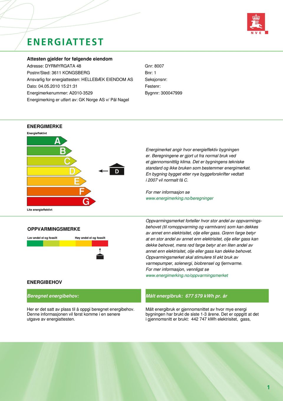 bygningen er. Beregningene er gjort ut fra normal bruk ved et gjennomsnittlig klima. Det er bygningens tekniske standard og ikke bruken som bestemmer energimerket.