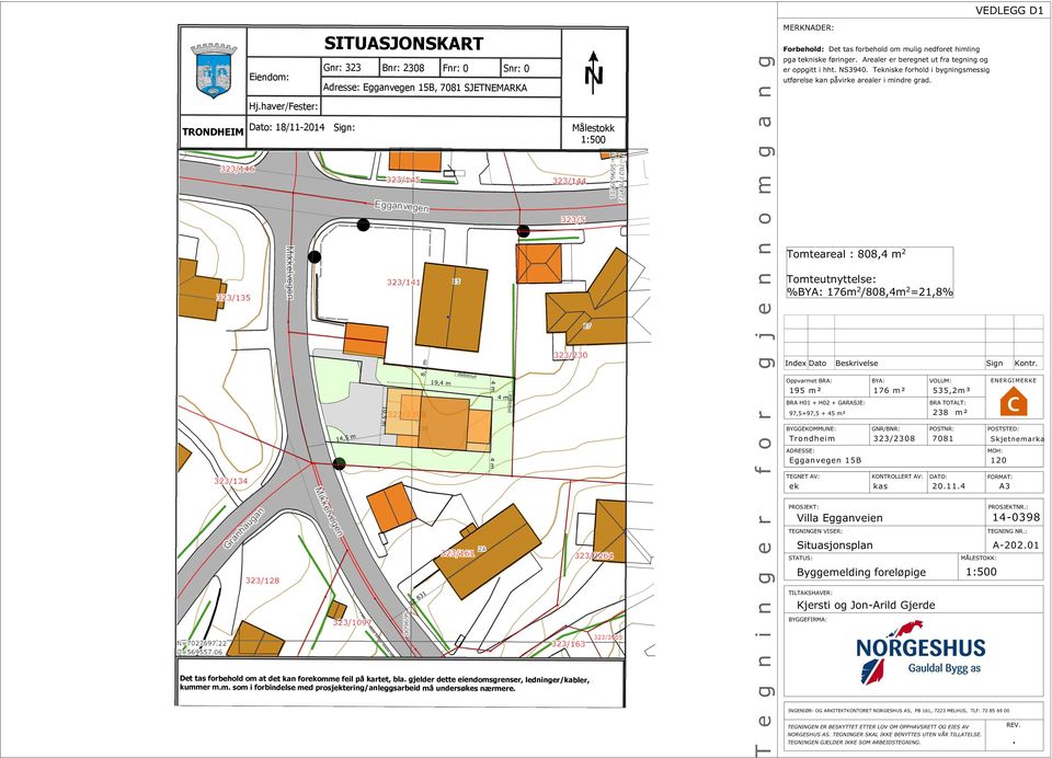 Tomteareal : 808,4 m 2 Tomteutnyttelse: %BY: 176m 2 /808,4m 2 =21,8% 14,5 m 10,5 m 8,1 m 19,4 m støttemur 4 m 4 m støttemur Index Dato Beskrivelse Sign Kontr 323/2308 7081 4 m 20114 ORMT: