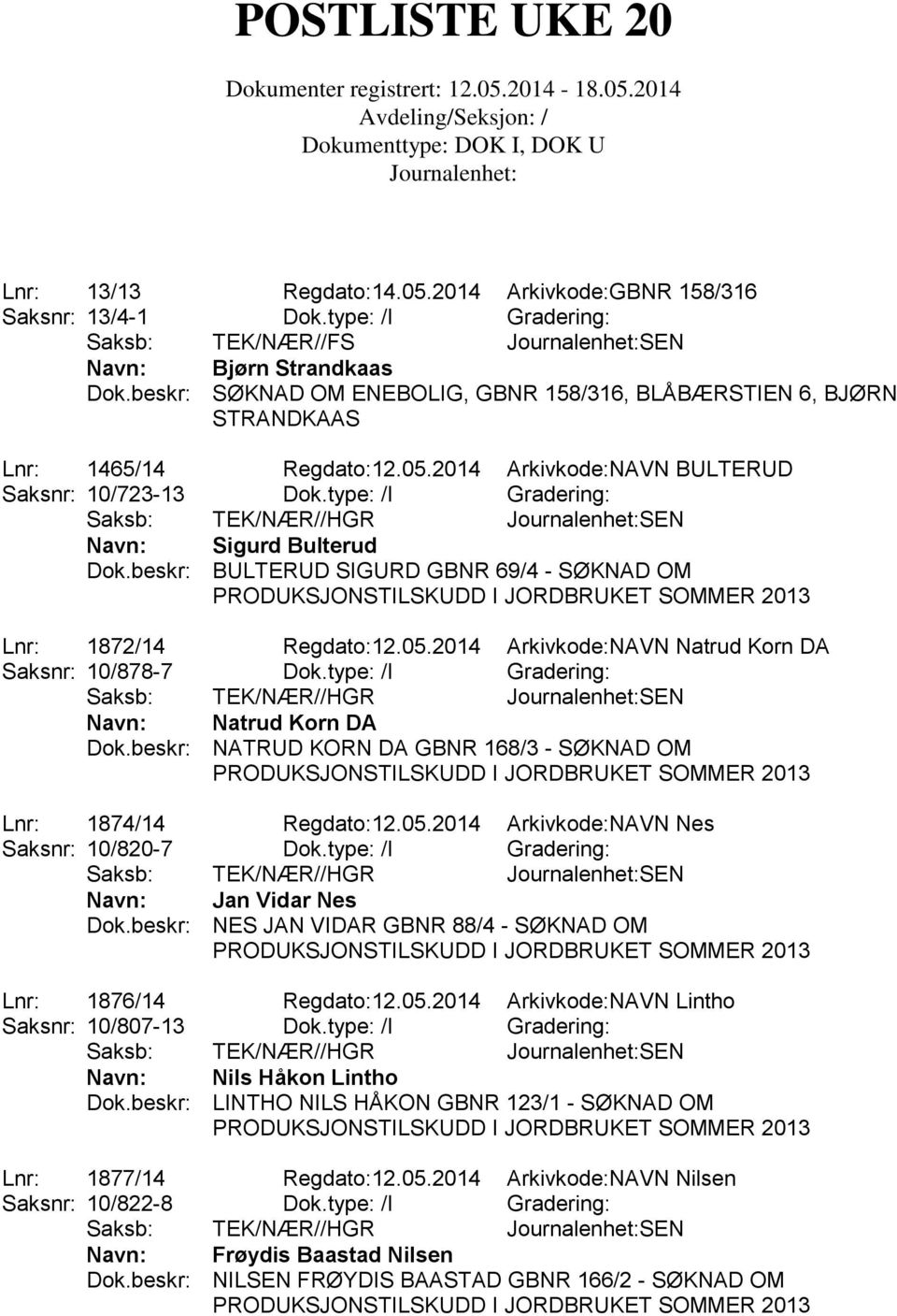 beskr: BULTERUD SIGURD GBNR 69/4 - SØKNAD OM PRODUKSJONSTILSKUDD I JORDBRUKET SOMMER 2013 Lnr: 1872/14 Regdato:12.05.2014 Arkivkode:NAVN Natrud Korn DA Saksnr: 10/878-7 Dok.