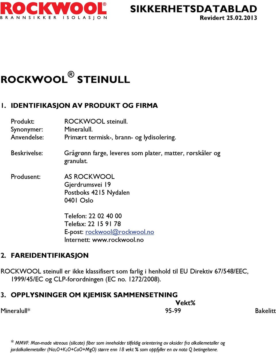 FAREIDENTIFIKASJON Telefon: 22 02 40 00 Telefax: 22 15 91 78 E-post: rockwool@