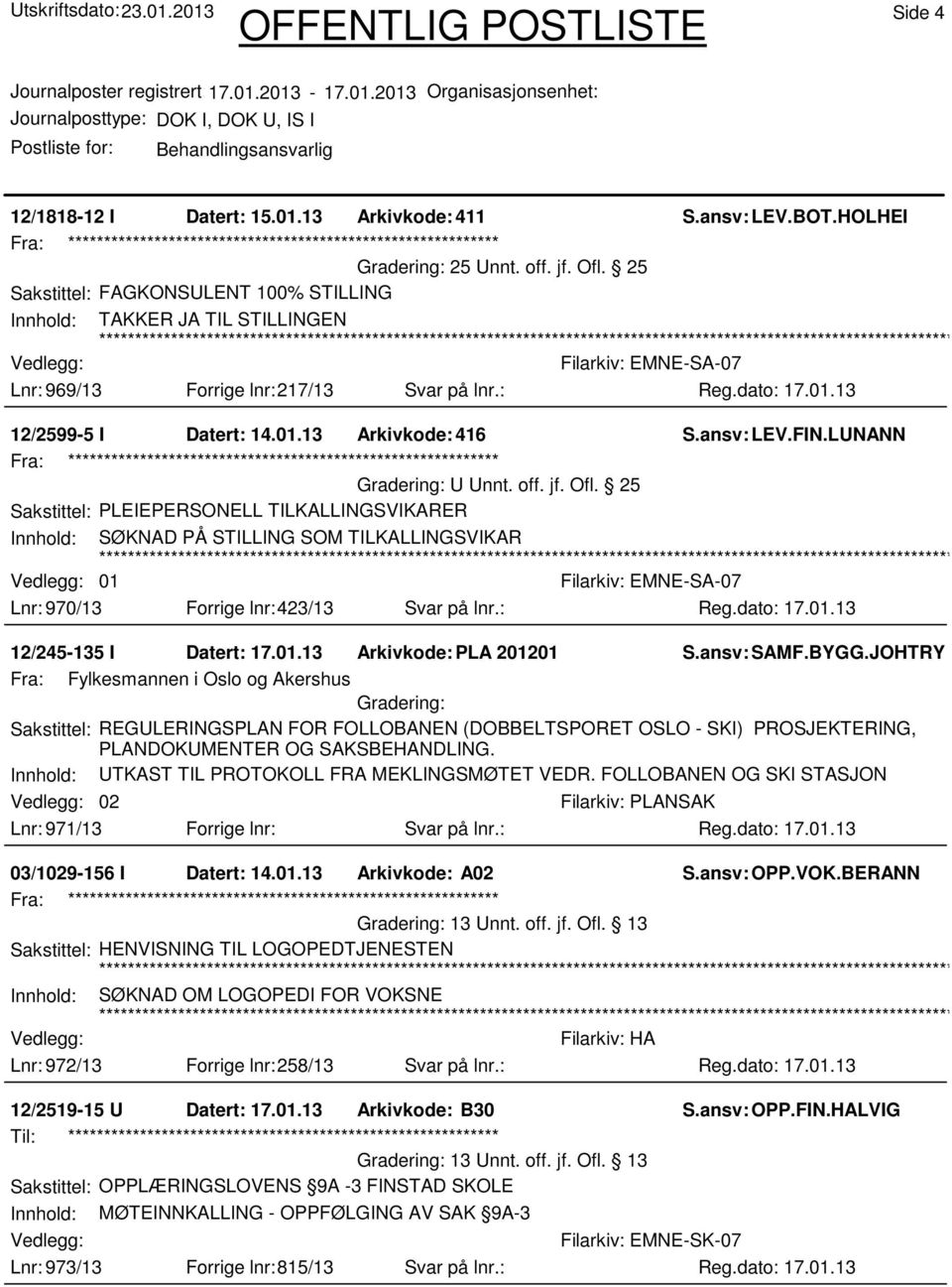 jf. Ofl. 25 Sakstittel: PLEIEPERSONELL TILKALLINGSVIKARER Innhold: SØKNAD PÅ STILLING SOM TILKALLINGSVIKAR 01 Lnr: 970/13 Forrige lnr:423/13 Svar på lnr.: 12/245-135 I Datert: 17.01.13 Arkivkode: PLA 201201 S.