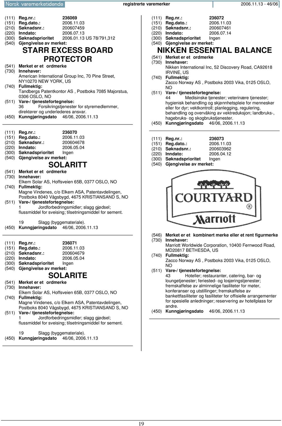 Forsikringstjenester for styremedlemmer, direktører og underlederes ansvar. (111) Reg.nr.: 236070 (151) Reg.dato.: 2006.11.03 (210) Søknadsnr.: 200604678 (220) Inndato: 2006.05.