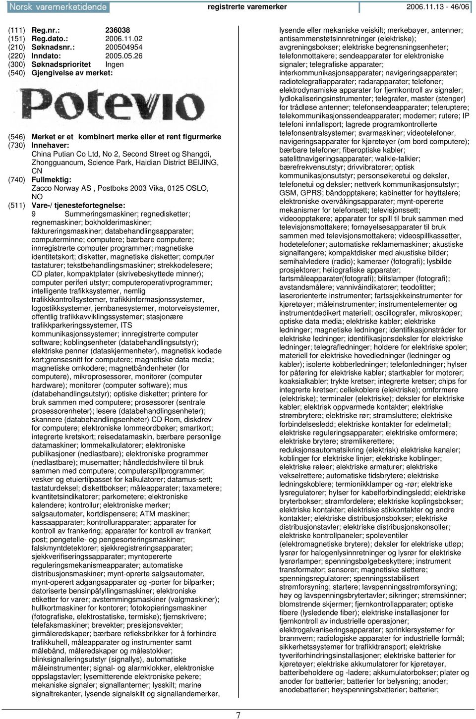 05.26 China Putian Co Ltd, No 2, Second Street og Shangdi, Zhongguancum, Science Park, Haidian District BEIJING, CN Zacco Norway AS, Postboks 2003 Vika, 0125 OSLO, 9 Summeringsmaskiner;