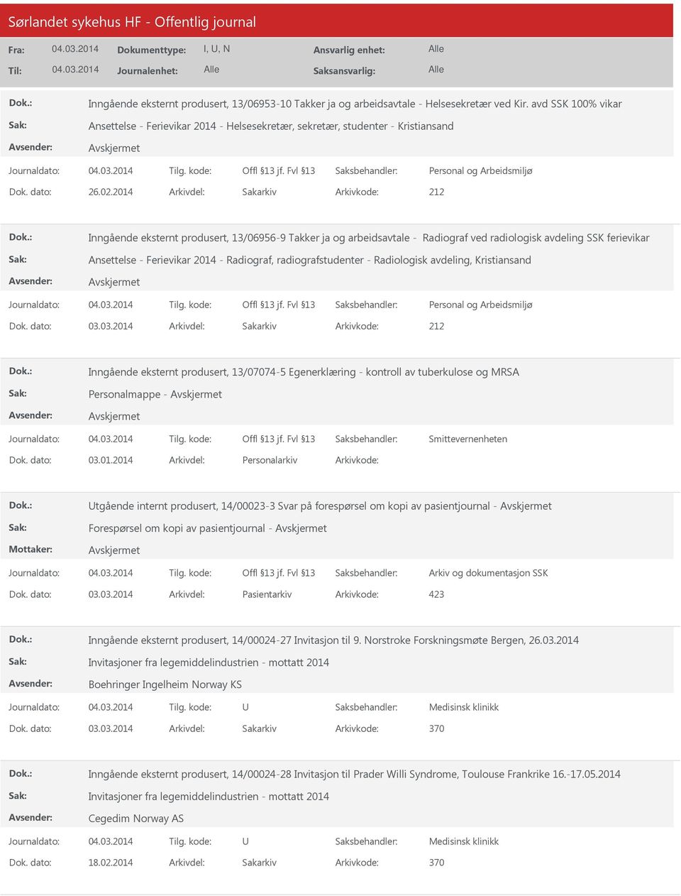 2014 Arkivdel: Sakarkiv Inngående eksternt produsert, 13/06956-9 Takker ja og arbeidsavtale - Radiograf ved radiologisk avdeling SSK ferievikar Ansettelse - Ferievikar 2014 - Radiograf,