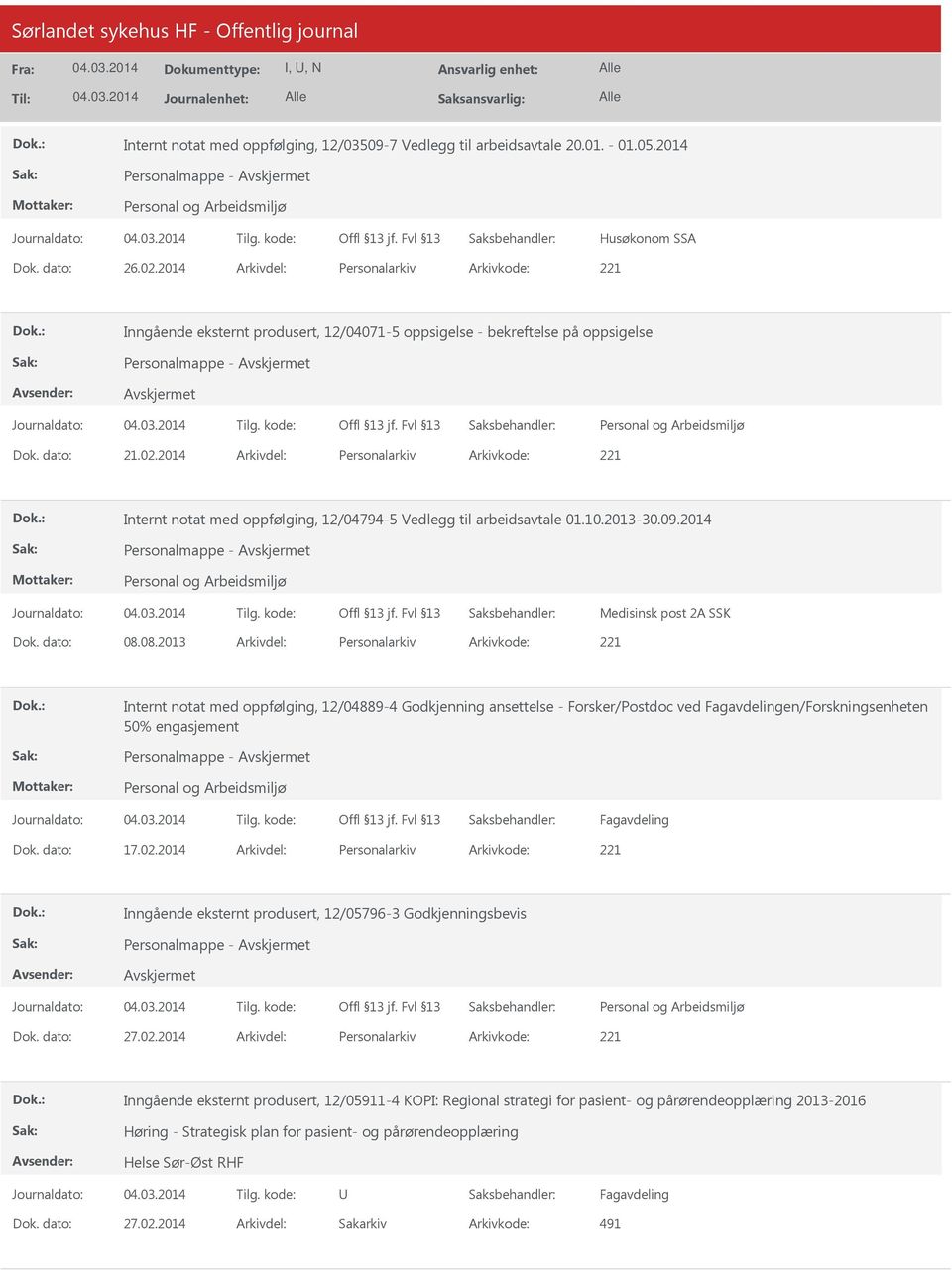 2014 Arkivdel: Personalarkiv Arkivkode: 221 Internt notat med oppfølging, 12/04794-5 Vedlegg til arbeidsavtale 01.10.2013-30.09.2014 Medisinsk post 2A SSK Dok. dato: 08.