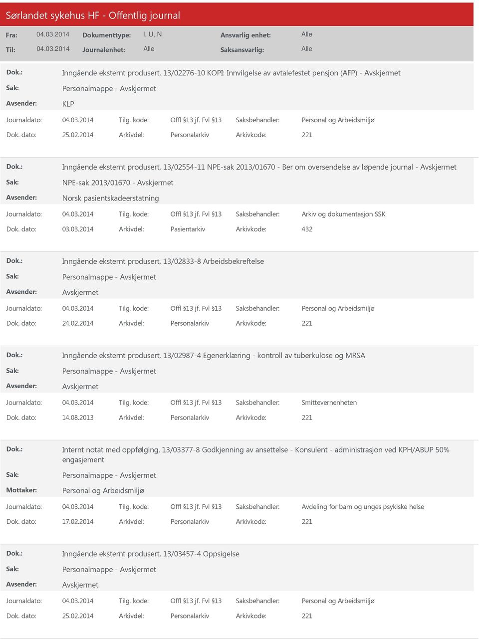 2014 Arkivdel: Personalarkiv Arkivkode: 221 Inngående eksternt produsert, 13/02554-11 NPE-sak 2013/01670 - Ber om oversendelse av løpende journal - NPE-sak 2013/01670 - Norsk pasientskadeerstatning