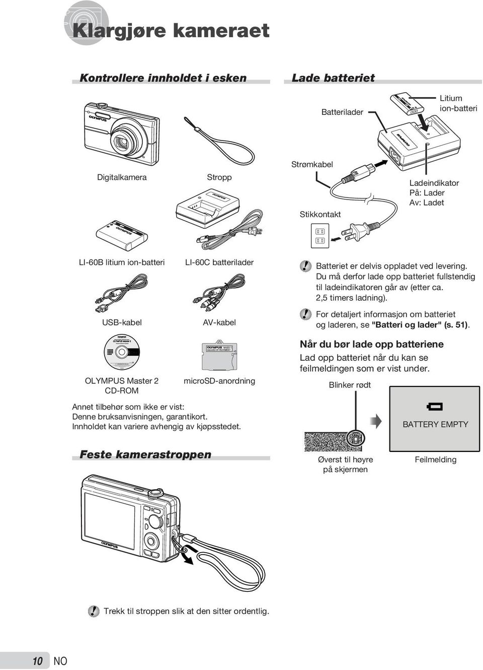 For detaljert informasjon om batteriet og laderen, se "Batteri og lader" (s. 51). OLYMPUS Master 2 CD-ROM microsd-anordning Annet tilbehør som ikke er vist: Denne bruksanvisningen, garantikort.