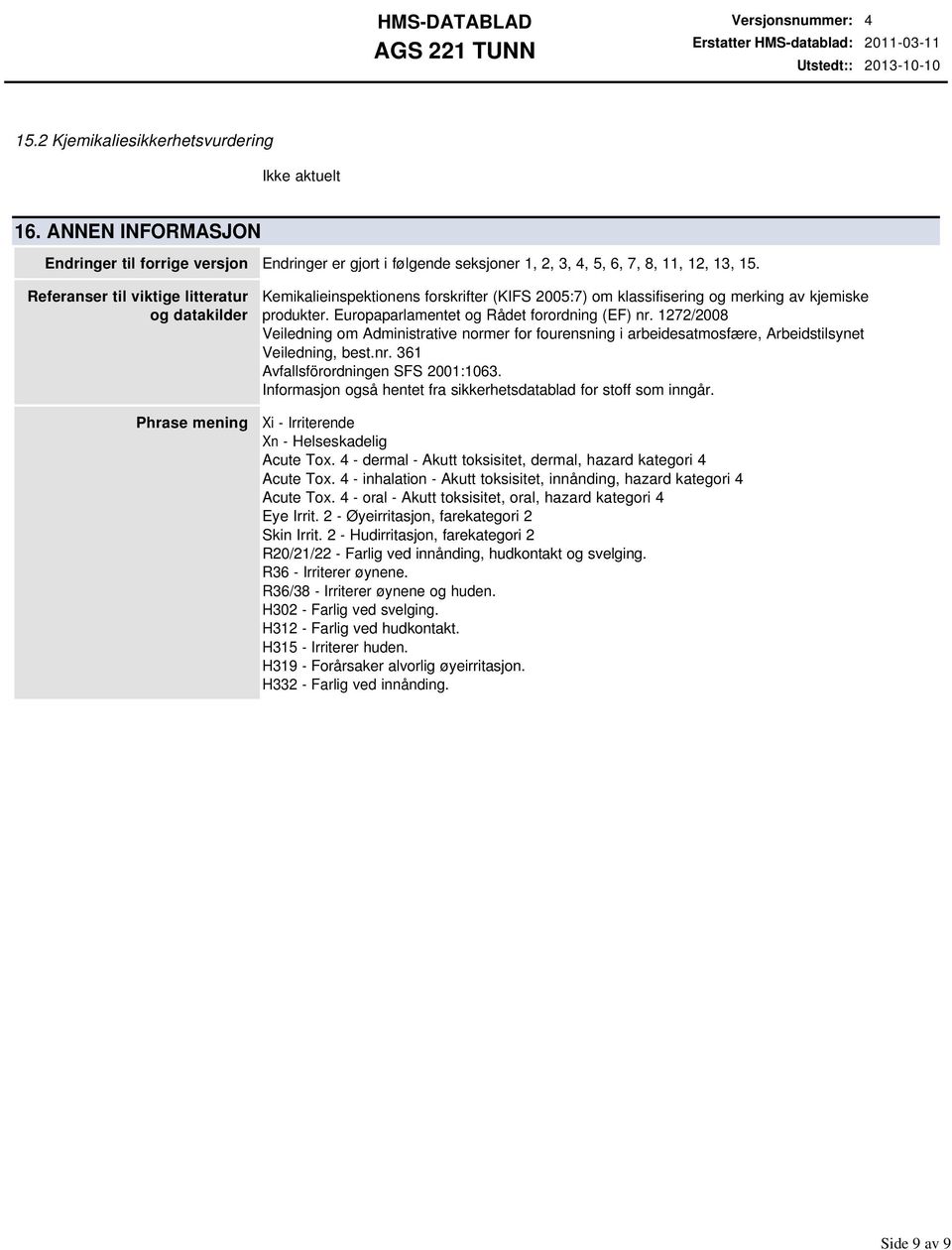 Referanser til viktige litteratur og datakilder Phrase mening Kemikalieinspektionens forskrifter (KIFS 2005:7) om klassifisering og merking av kjemiske produkter.