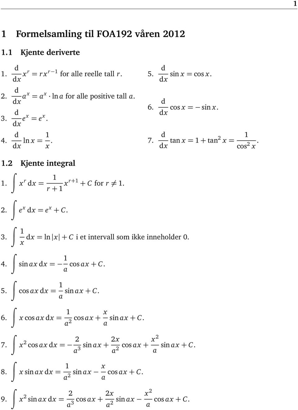 3. 4. 1 x = ln x + C i et intervll som ikke inneholer. x sin x x = 1 cos x + C. 5. 6. 7. 8. 9. cos x x = 1 sin x + C. x cos x x = 1 2 cos x + x sin x + C.