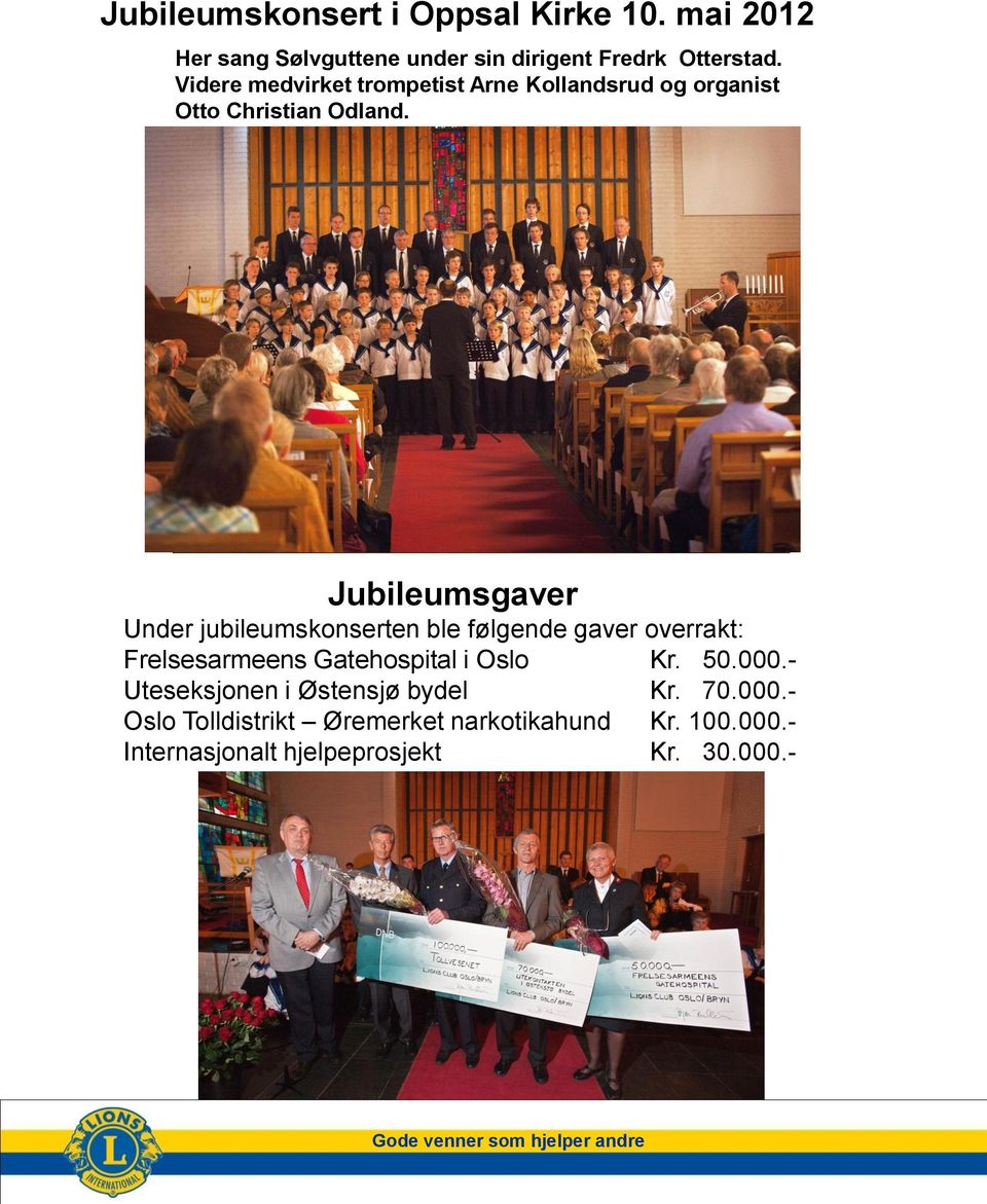 Jubileumsgaver Under jubileumskonserten ble følgende gaver overrakt: Frelsesarmeens Gatehospital i Oslo Kr. 50.