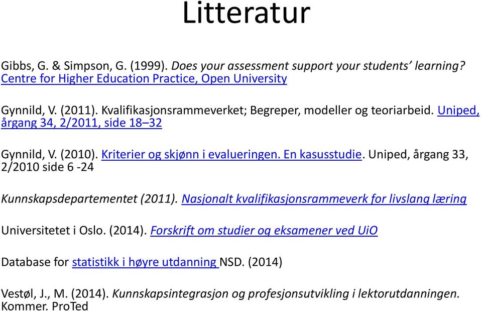 Uniped, årgang 33, 2/2010 side 6-24 Kunnskapsdepartementet (2011). Nasjonalt kvalifikasjonsrammeverk for livslang læring Universitetet i Oslo. (2014).