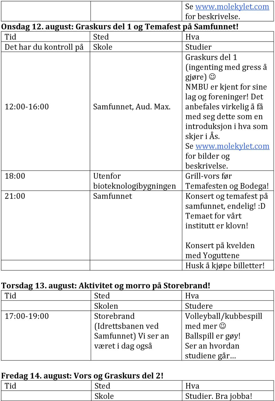 com for bilder og beskrivelse. Grill-vors før Temafesten og Bodega! 18:00 Utenfor bioteknologibygningen 21:00 Samfunnet Konsert og temafest på samfunnet, endelig!