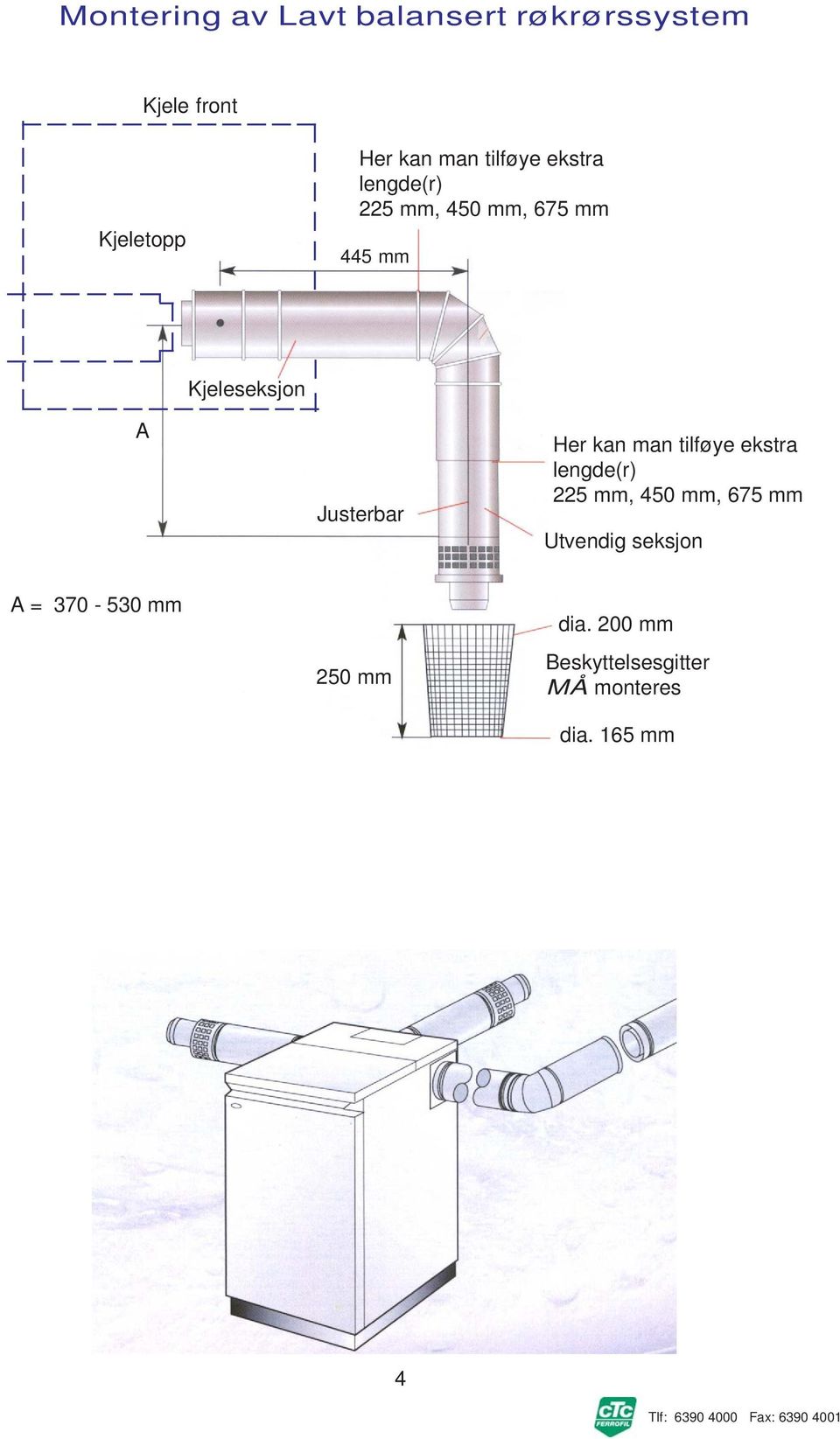 ekstra lengde(r) 225 mm, 450 mm, 675 mm Utvendig seksjon A =